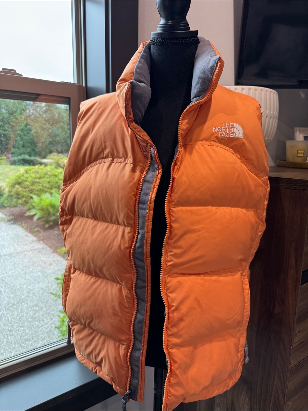 The North Face Bright Orange Quilted Down Vest with Gray Trim Medium